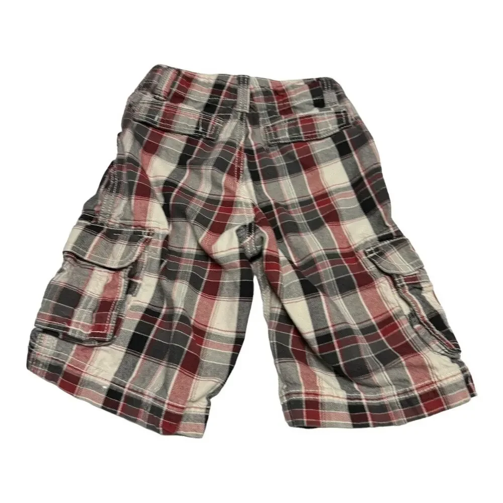 Arizona Boys‎ Shorts Sz 7X Brick Red Gray White Plaid Adjustable Waist Cargo